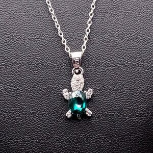 925 Sterling Silver Necklace W/ Sea Turtle CZ Emerald Anniversary Birthday Gift